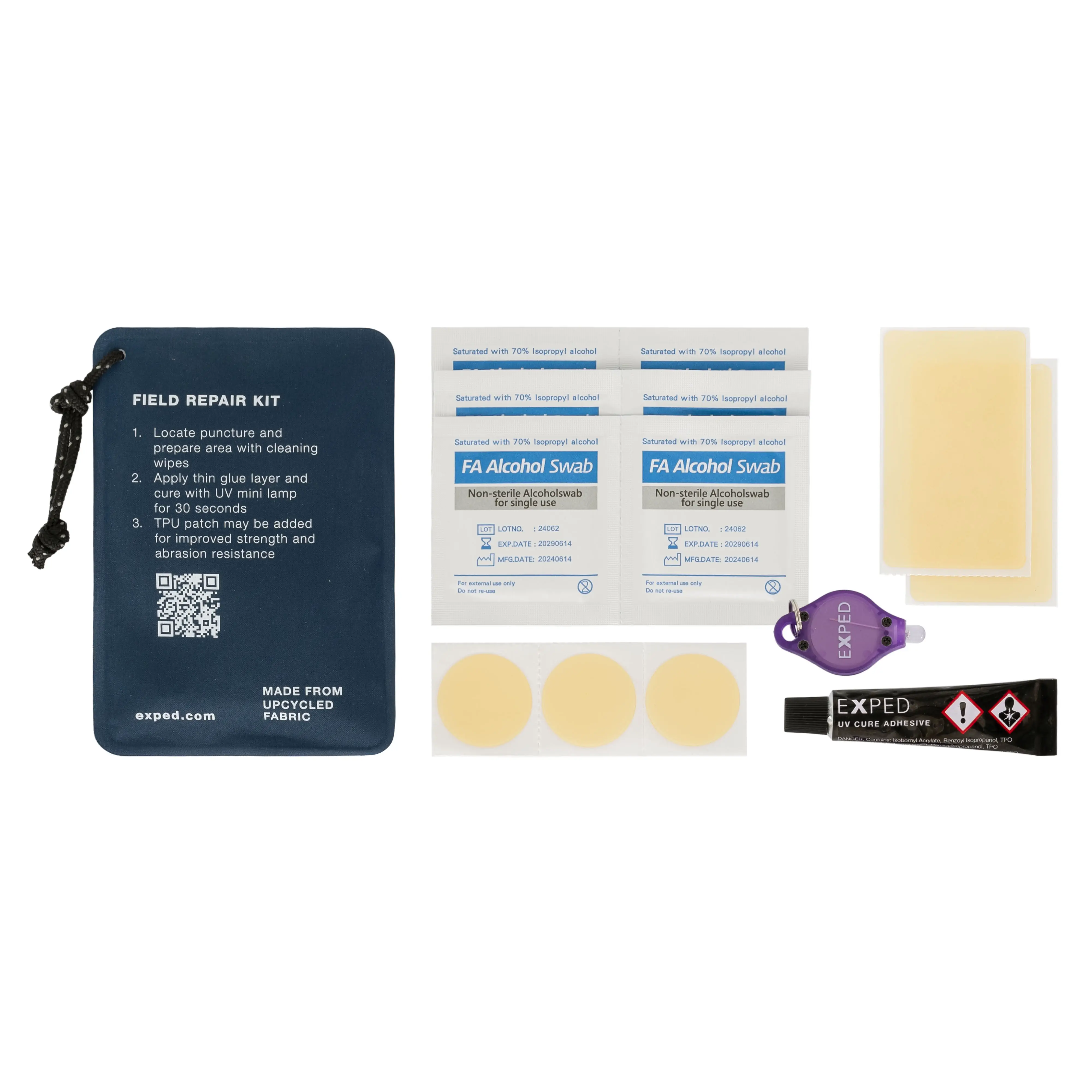Exped Field Repair Kit mit Alkoholtüchern, UV-Lampe, Kleber und Flicken